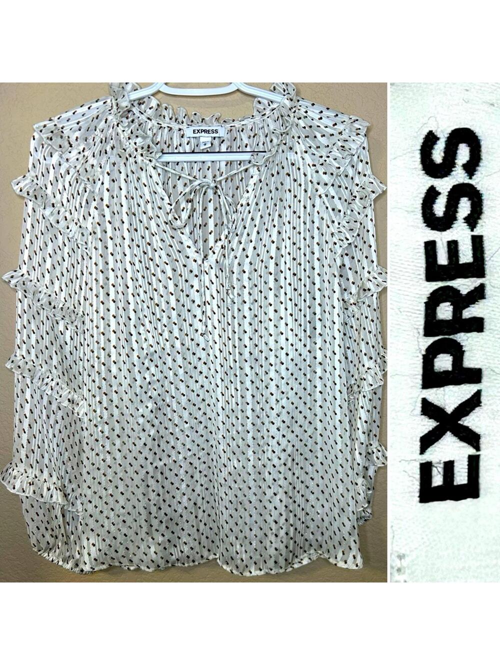 EXPRESS Metallic Sheer ruffle sleeve tie top size M